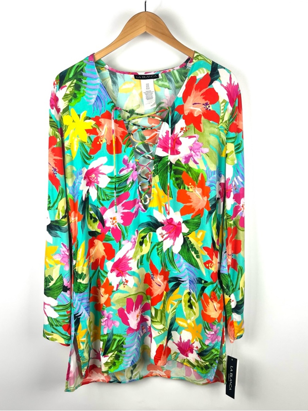 NWT La Blanca Floral 100% Rayon Viscose Long Sleeve Beach Cover Up Teal Size M